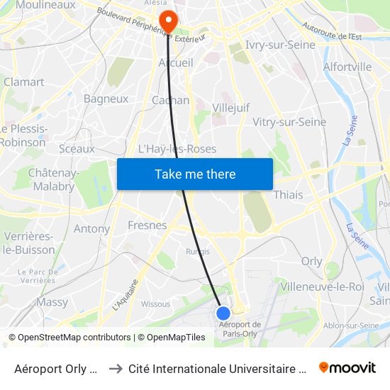 Aéroport Orly 1-2-3 to Cité Internationale Universitaire de Paris map