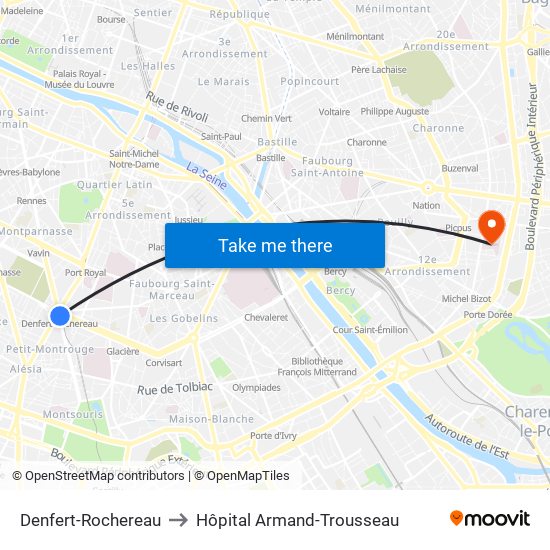 Denfert-Rochereau to Hôpital Armand-Trousseau map