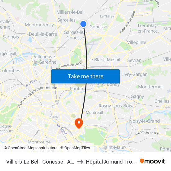 Villiers-Le-Bel - Gonesse - Arnouville to Hôpital Armand-Trousseau map