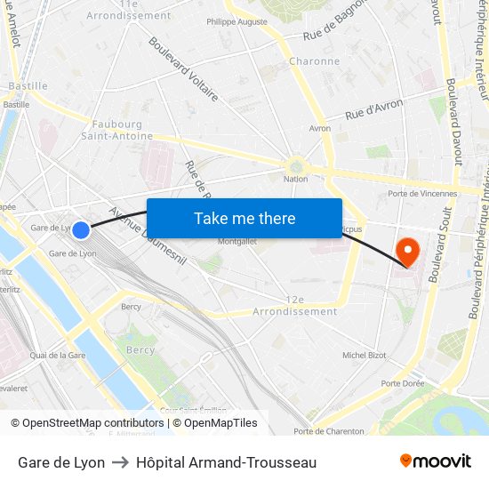 Gare de Lyon to Hôpital Armand-Trousseau map