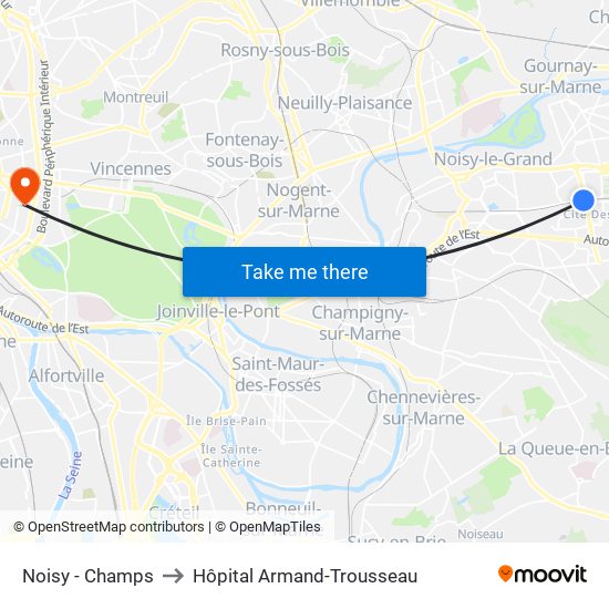 Noisy - Champs to Hôpital Armand-Trousseau map