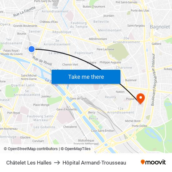 Châtelet Les Halles to Hôpital Armand-Trousseau map