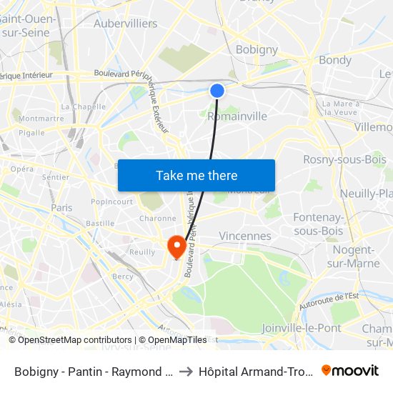 Bobigny - Pantin - Raymond Queneau to Hôpital Armand-Trousseau map