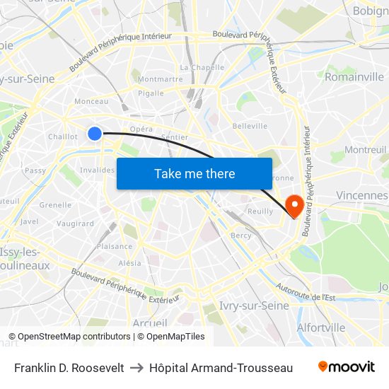 Franklin D. Roosevelt to Hôpital Armand-Trousseau map