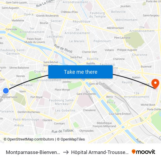 Montparnasse-Bienvenue to Hôpital Armand-Trousseau map