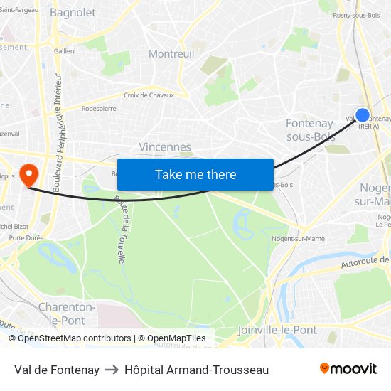 Val de Fontenay to Hôpital Armand-Trousseau map