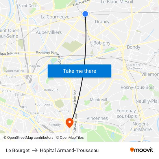 Le Bourget to Hôpital Armand-Trousseau map