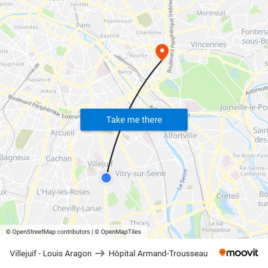 Villejuif - Louis Aragon to Hôpital Armand-Trousseau map