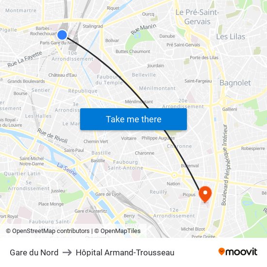 Gare du Nord to Hôpital Armand-Trousseau map
