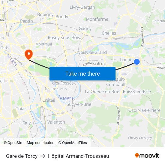 Gare de Torcy to Hôpital Armand-Trousseau map