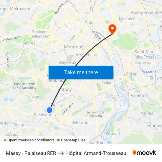 Massy - Palaiseau RER to Hôpital Armand-Trousseau map