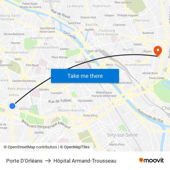 Porte D'Orléans to Hôpital Armand-Trousseau map