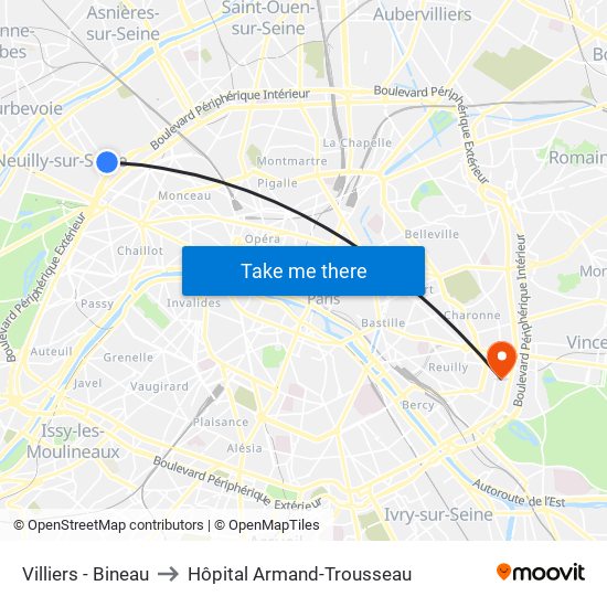 Villiers - Bineau to Hôpital Armand-Trousseau map