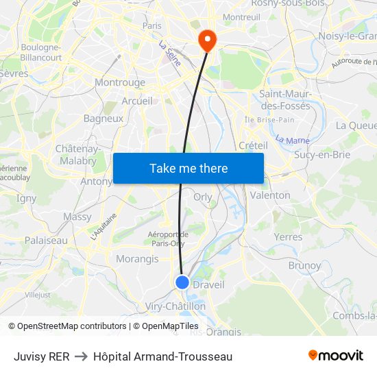 Juvisy RER to Hôpital Armand-Trousseau map