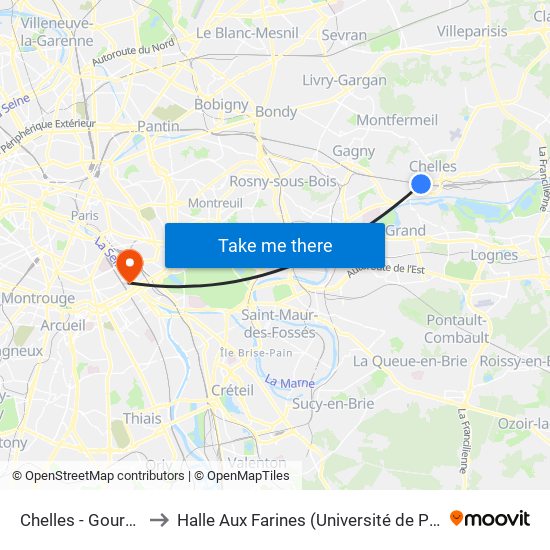 Chelles - Gournay to Halle Aux Farines (Université de Paris) map