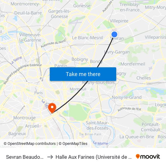 Sevran Beaudottes to Halle Aux Farines (Université de Paris) map