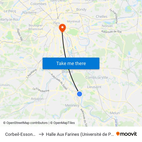 Corbeil-Essonnes to Halle Aux Farines (Université de Paris) map