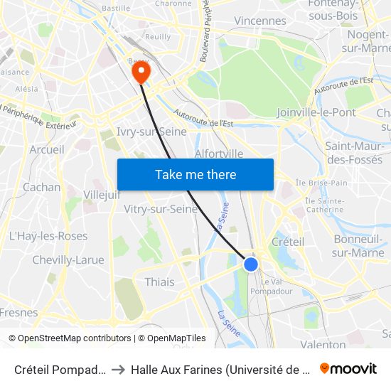 Créteil Pompadour to Halle Aux Farines (Université de Paris) map