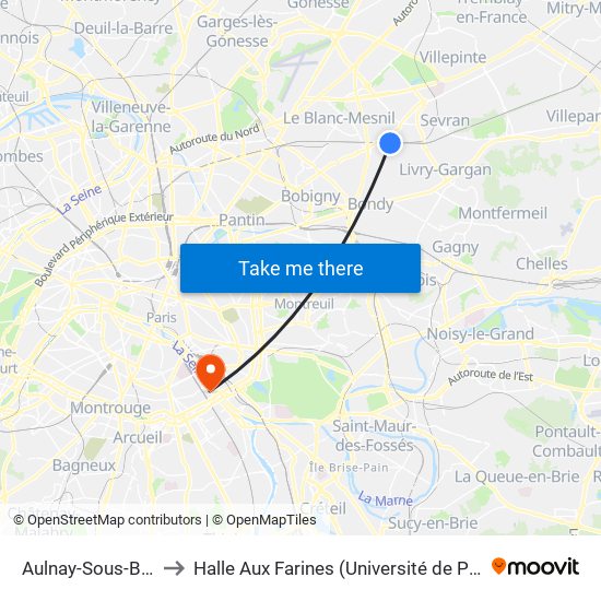 Aulnay-Sous-Bois to Halle Aux Farines (Université de Paris) map