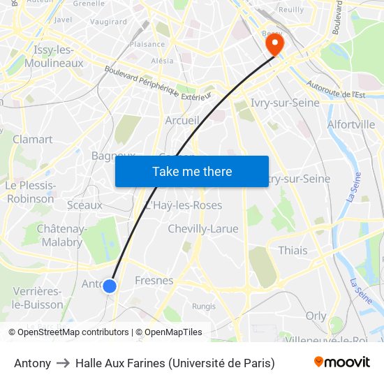 Antony to Halle Aux Farines (Université de Paris) map
