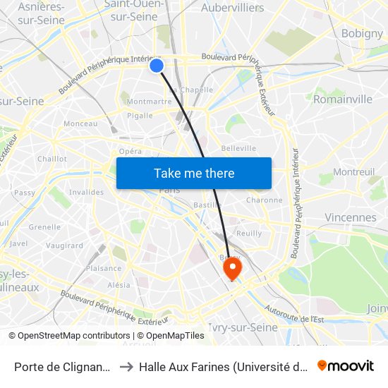 Porte de Clignancourt to Halle Aux Farines (Université de Paris) map