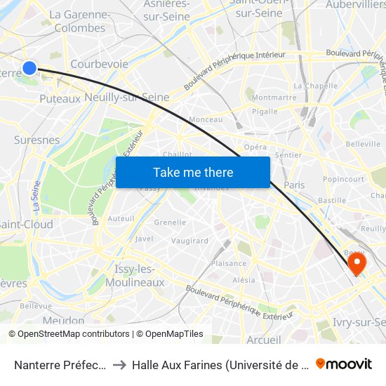 Nanterre Préfecture to Halle Aux Farines (Université de Paris) map