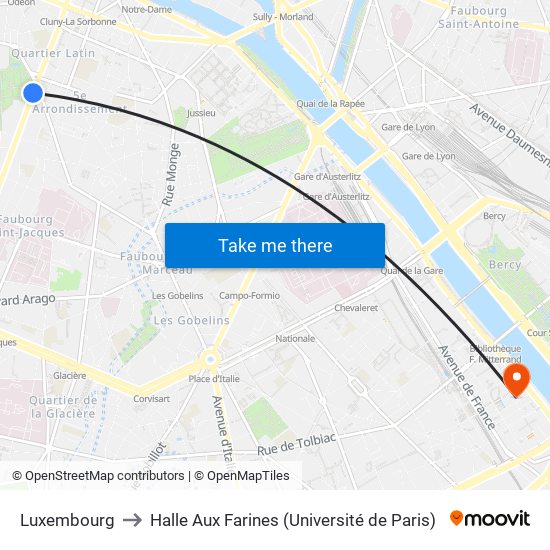 Luxembourg to Halle Aux Farines (Université de Paris) map