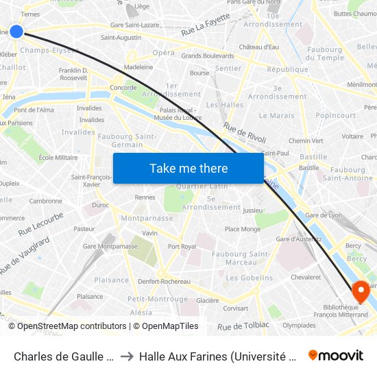 Charles de Gaulle Etoile to Halle Aux Farines (Université de Paris) map