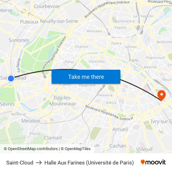 Saint-Cloud to Halle Aux Farines (Université de Paris) map