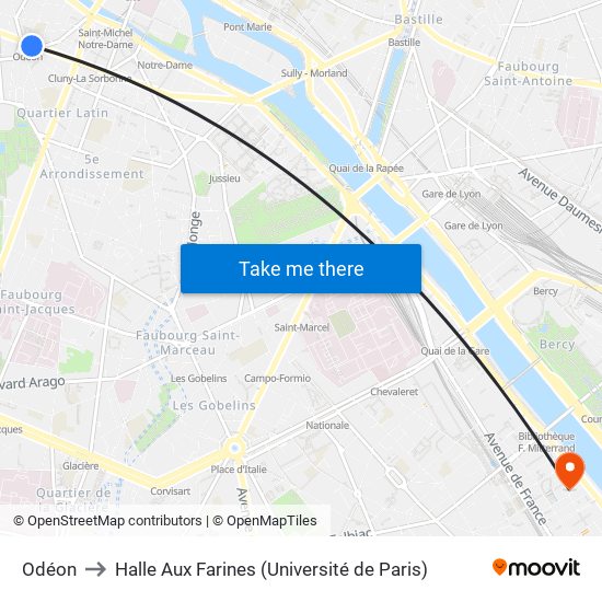 Odéon to Halle Aux Farines (Université de Paris) map