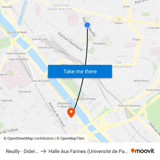 Reuilly - Diderot to Halle Aux Farines (Université de Paris) map