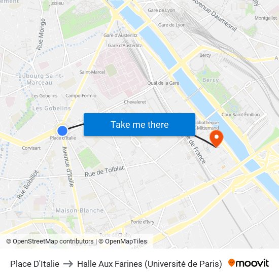 Place D'Italie to Halle Aux Farines (Université de Paris) map