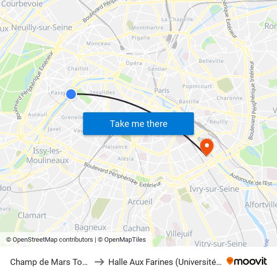Champ de Mars Tour Eiffel to Halle Aux Farines (Université de Paris) map