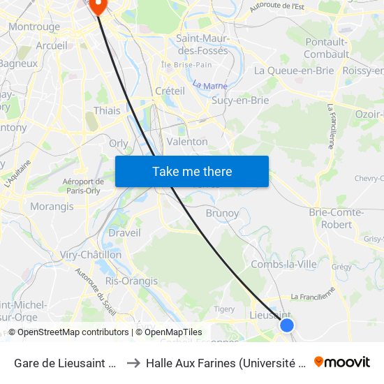 Gare de Lieusaint Moissy to Halle Aux Farines (Université de Paris) map