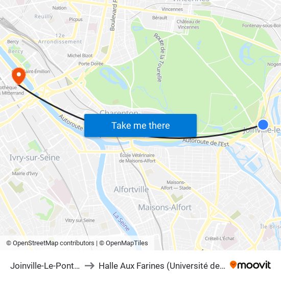 Joinville-Le-Pont RER to Halle Aux Farines (Université de Paris) map