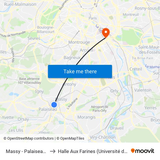 Massy - Palaiseau RER to Halle Aux Farines (Université de Paris) map