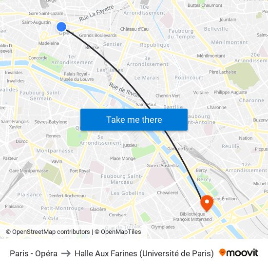 Paris - Opéra to Halle Aux Farines (Université de Paris) map