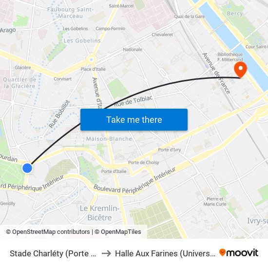 Stade Charléty (Porte de Gentilly) to Halle Aux Farines (Université de Paris) map