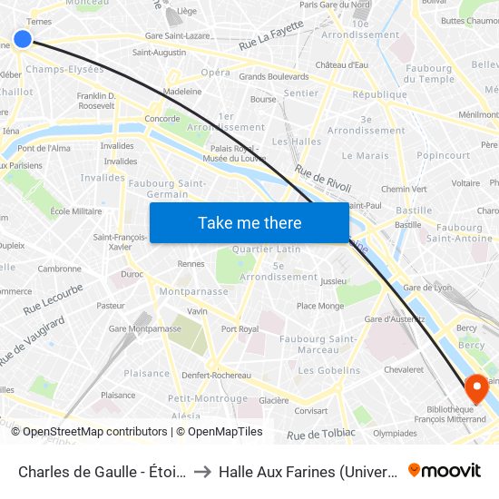 Charles de Gaulle - Étoile - Wagram to Halle Aux Farines (Université de Paris) map