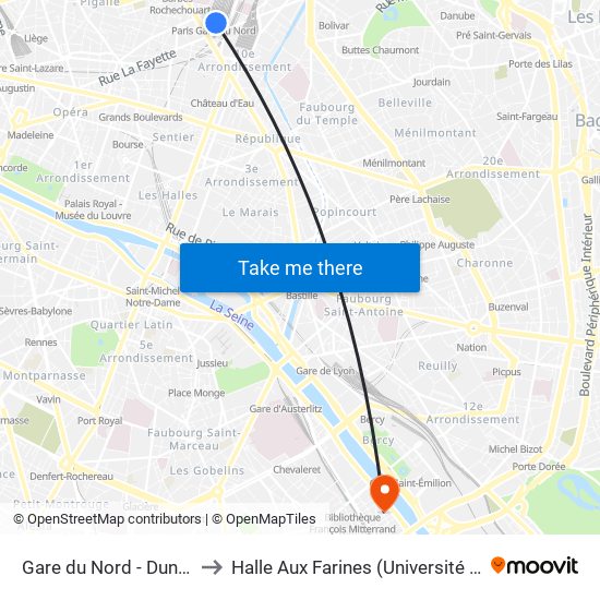 Gare du Nord - Dunkerque to Halle Aux Farines (Université de Paris) map