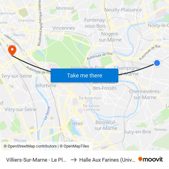 Villiers-Sur-Marne - Le Plessis-Trévise RER to Halle Aux Farines (Université de Paris) map
