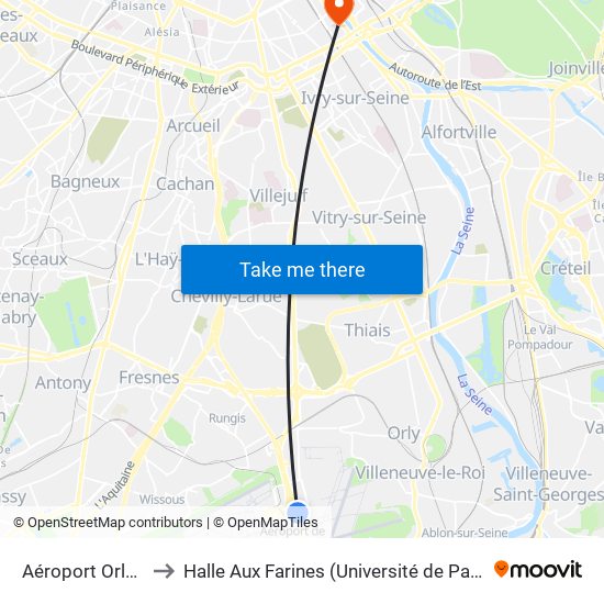 Aéroport Orly 4 to Halle Aux Farines (Université de Paris) map
