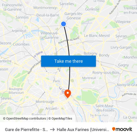Gare de Pierrefitte - Stains RER to Halle Aux Farines (Université de Paris) map