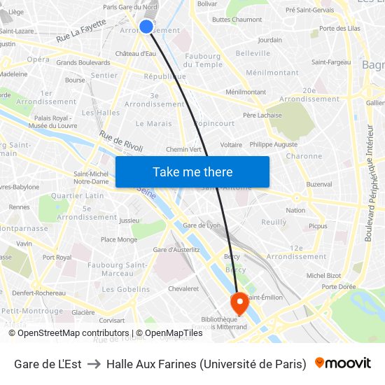 Gare de L'Est to Halle Aux Farines (Université de Paris) map