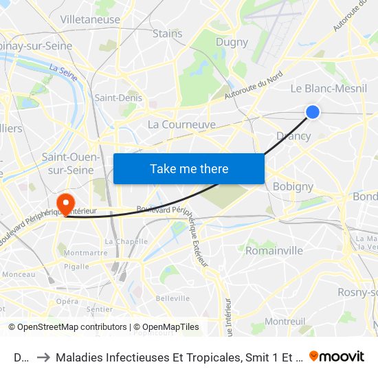 Drancy to Maladies Infectieuses Et Tropicales, Smit 1 Et 2-Virologie / Parasitologie, Centre de Vaccinations map