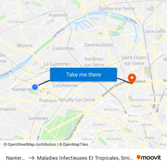 Nanterre Préfecture to Maladies Infectieuses Et Tropicales, Smit 1 Et 2-Virologie / Parasitologie, Centre de Vaccinations map