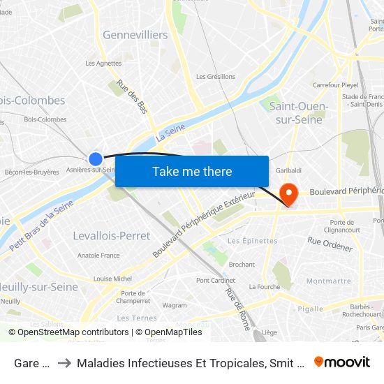 Gare D'Asnieres to Maladies Infectieuses Et Tropicales, Smit 1 Et 2-Virologie / Parasitologie, Centre de Vaccinations map