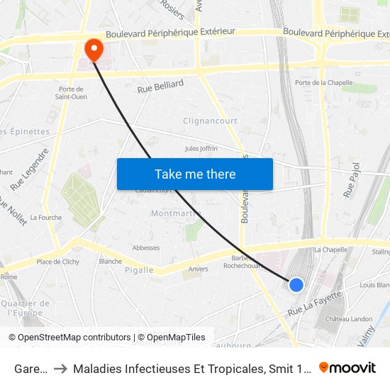 Gare du Nord to Maladies Infectieuses Et Tropicales, Smit 1 Et 2-Virologie / Parasitologie, Centre de Vaccinations map