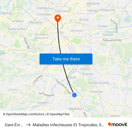 Gare Évry Courcouronnes to Maladies Infectieuses Et Tropicales, Smit 1 Et 2-Virologie / Parasitologie, Centre de Vaccinations map