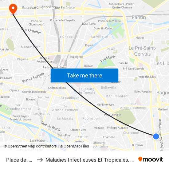 Place de la Porte de Montreuil to Maladies Infectieuses Et Tropicales, Smit 1 Et 2-Virologie / Parasitologie, Centre de Vaccinations map